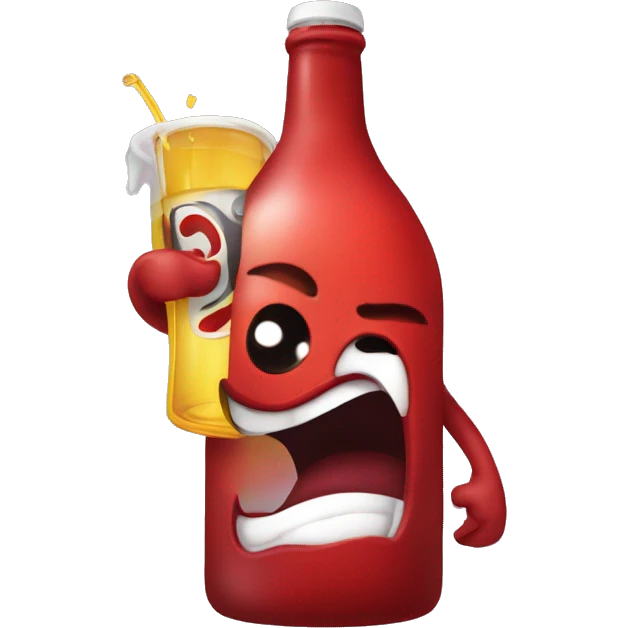 A red hearth with eyes, a mouth, and hands, looking tipsy, holding a drink bottle, with a playful, drunken expression emoji