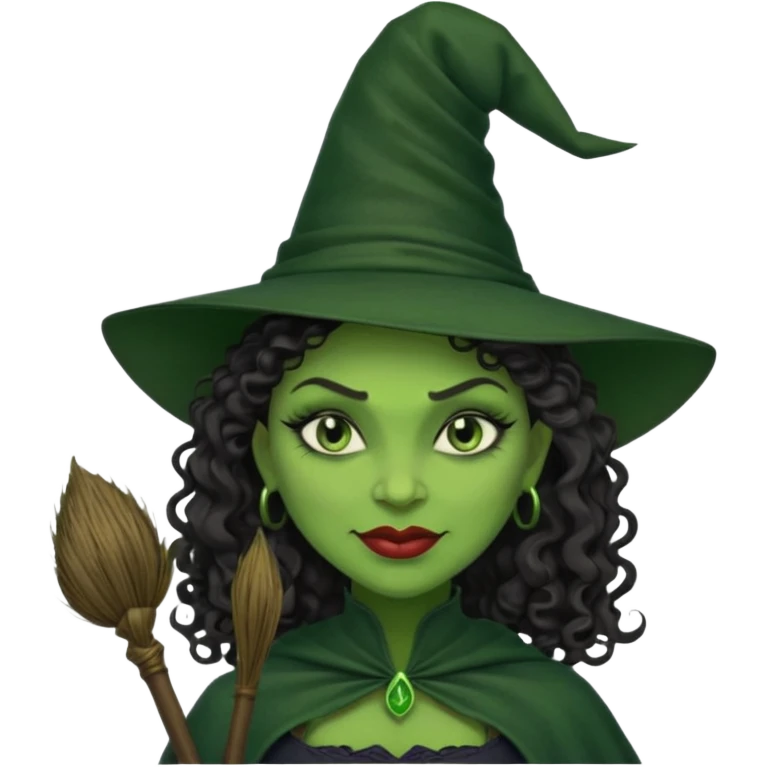elphaba wicked witch with broom close up, evil dark curly hair, green skin, thick lips, cheekbones, smirk evil menacing cythia erivo emoji