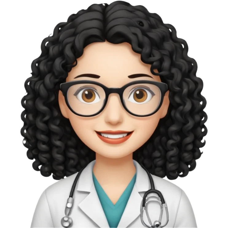 smiling doctor woman, brown eyes, white skin,  long black curly hair with glasses emoji