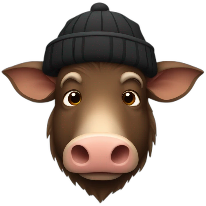 fullface sad brown boar with tusks in black winter hat emoji