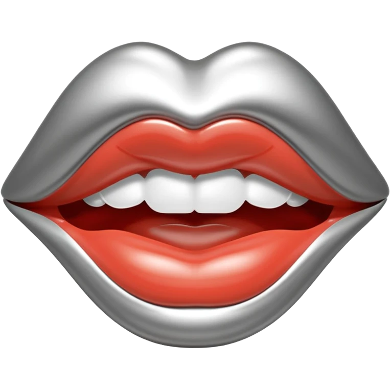 female lips emoji, smooth liquid metal chrome surface, sensual sculpted shape, high-gloss reflections, monochrome futuristic 3D style, isolated on white emoji