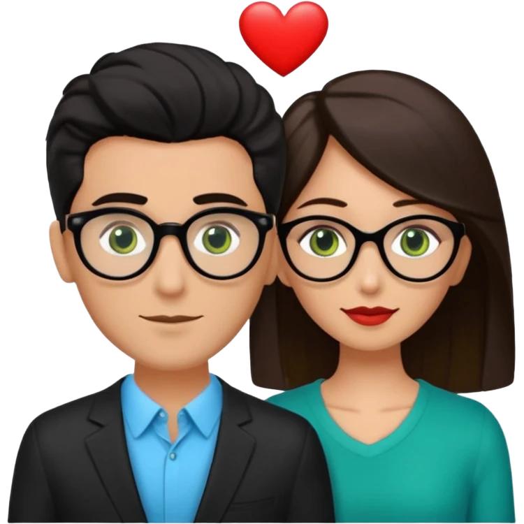 haz una pareja abrazandose, donde la mujer es de piel morena peli negra ojos cafes sin accesorios, y donde el hombre es piel blanca, pelo rubio, ojos verdes con lentes arriba de ellos haya un corazon azul emoji