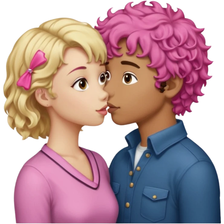 Blonde girl with a side part and pink hair clip kissing a brown curly haired boy emoji