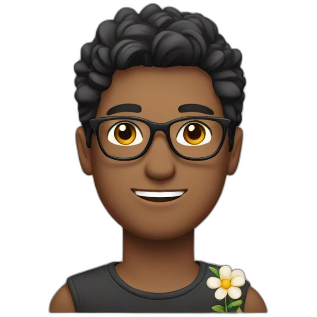 dark hair up guy with glasses and dark t-shirt with flowers print emoji