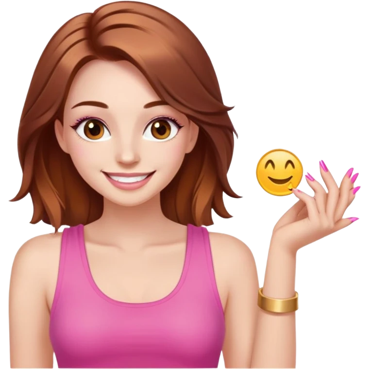 Beautiful girl smiling with long pink nails and lashes, the hair is dyed in gold and brown, wearing tank emoji