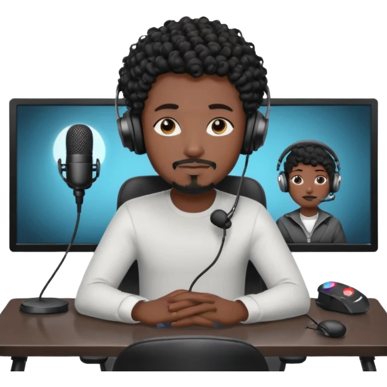 a setup of a youtuber his blach curly short hair, a thin goatee, with a desktop pc on a table, a gaming chair, microphone, ring light emoji