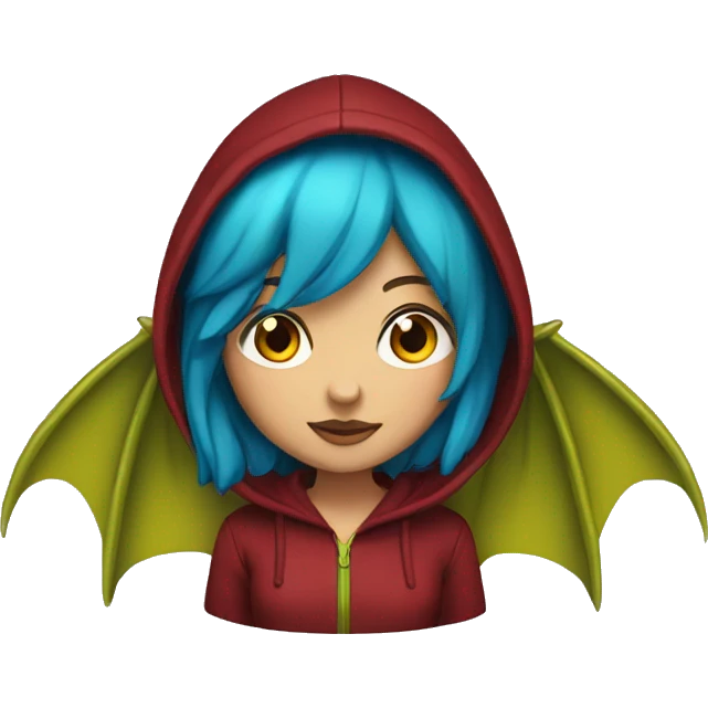 Lady with brunette and blue hair, gold, green dragon wings, maroon hoodie, and bright red eyes emoji
