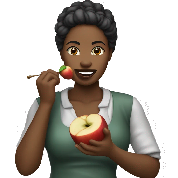 Mujer piel blanca pelo negro comiendo una manzana emoji
