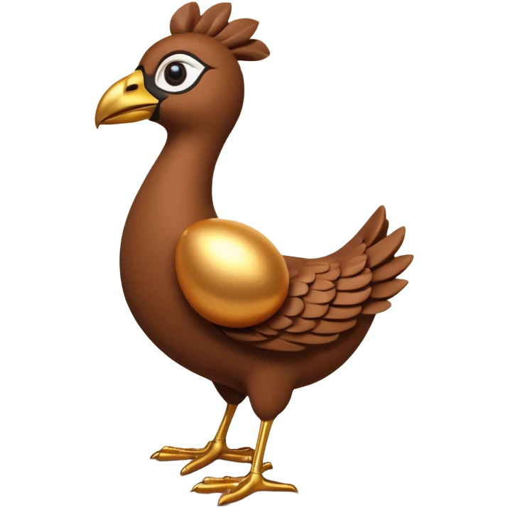 A 3D cartoon Sankofa bird with its head gracefully turned backward holding a golden egg in its beak, symbolizing learning from the past, single bird in frame, gold and brown tones, clean black background, Memoji-style rendering emoji
