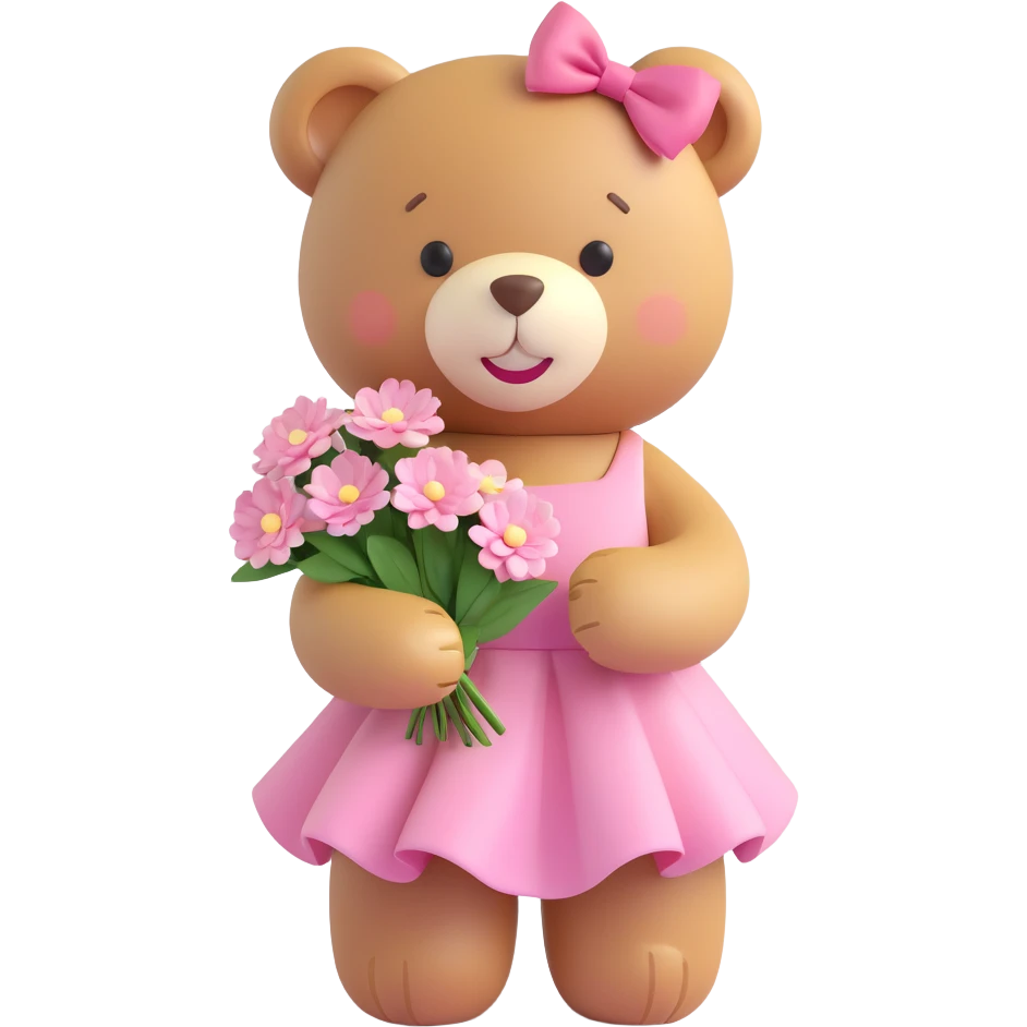 A cute teddy bear with a pink bow on its head, holding a bouquet of white flowers, in a 3D iOS Disney style, with a soft pink background and hearts floating around, wearing a pink dress, a big smile, and a cute blush on its cheeks. emoji