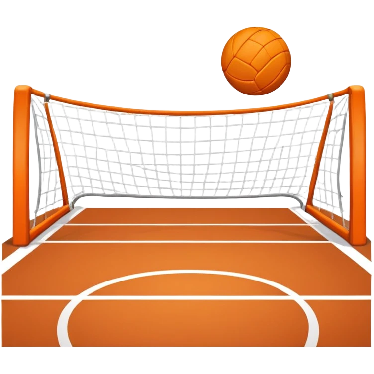 A handball on the court, with the goalposts in the background. The scene captures the ball mid-flight as it heads toward the goal, emphasizing the dynamic and fast-paced nature of the game, with clear court lines and a sense of movement in the air. emoji