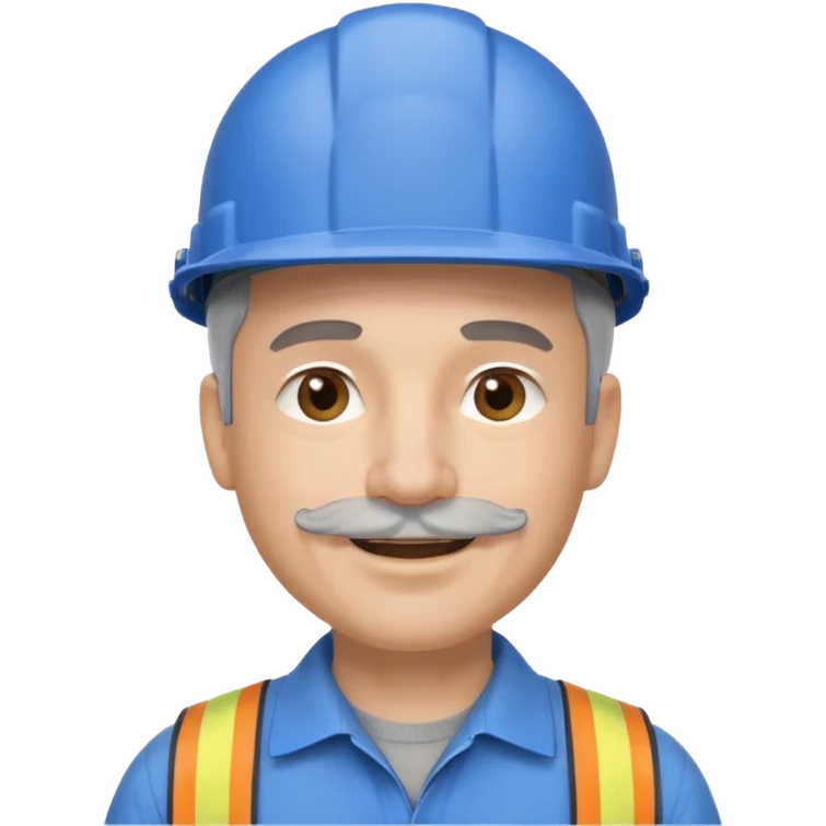 A man emoji with light skin, wearing a blue construction helmet, short gray hair on the sides, straight eyebrows, brown eyes, a small nose, and a thin short straight gray mustache above his smiling mouth. emoji
