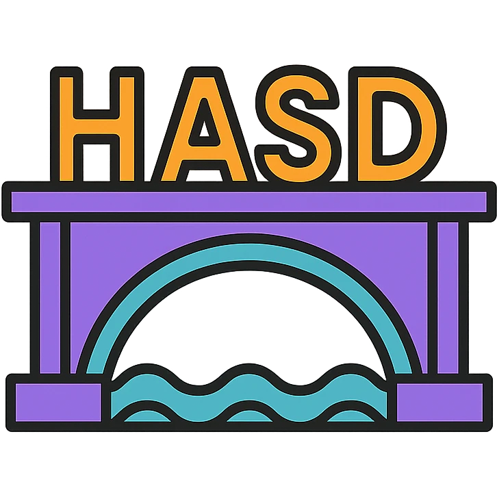 stylized bridge with the word 'HASD' standing on it, bold and prominent text, icon style emoji