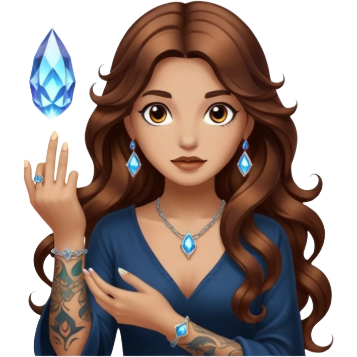 mystic woman long wavy brown hair tattoos lighting crystal with fingertip emoji