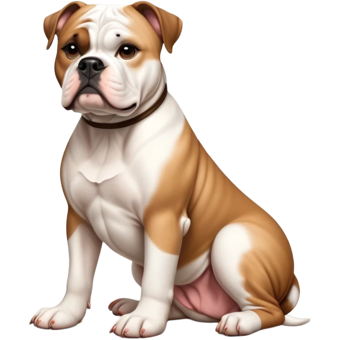 cinematic-[american bulldog]-realistic-full-body-sitting-emoji,-tail-resting-loosely-beside-its-paws,-head-tilted-dramatically,-sleek-[brown fawn]-fur,-simplified-yet-realistic-focused-features,-highly-detailed,-glowing-with-an-almost-sarcastic-glow emoji