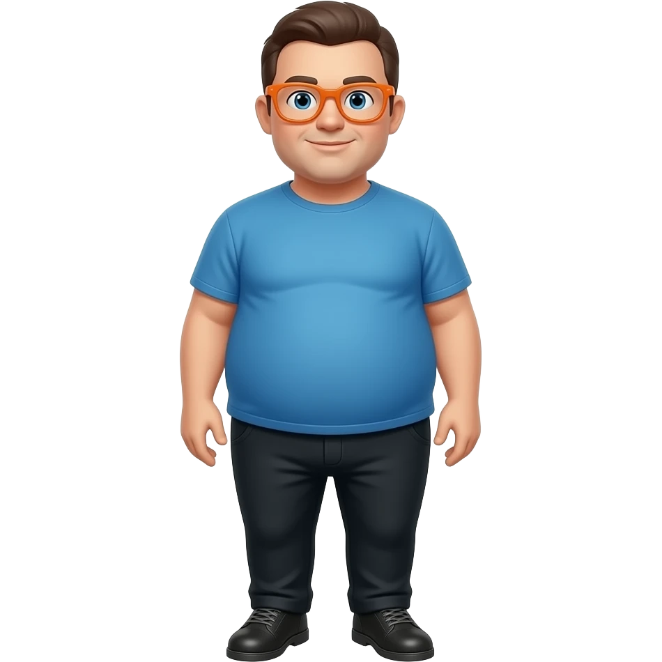 chico con camiseta azul pantalones negros pero con piernas zapatos i que tenga mas 18 años i que el chico sea gordo GAFAS  de color naranja emoji