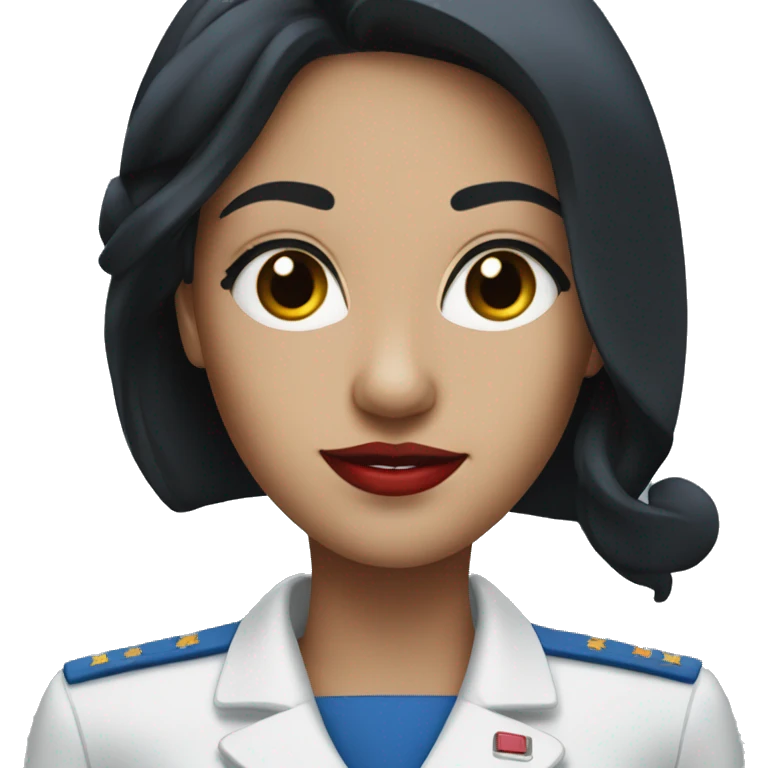 Flight attendant with long black hair, white skin, red lips and a blue uniform emoji