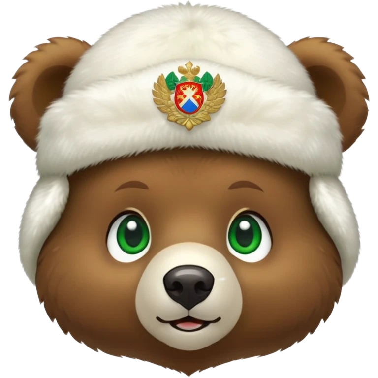 Adorable tiny brown bear face with sweet expression and green eyes, wearing only a white fur ushanka hat with clear Russian coat of arms, no body or clothing visible, iOS emoji style emoji