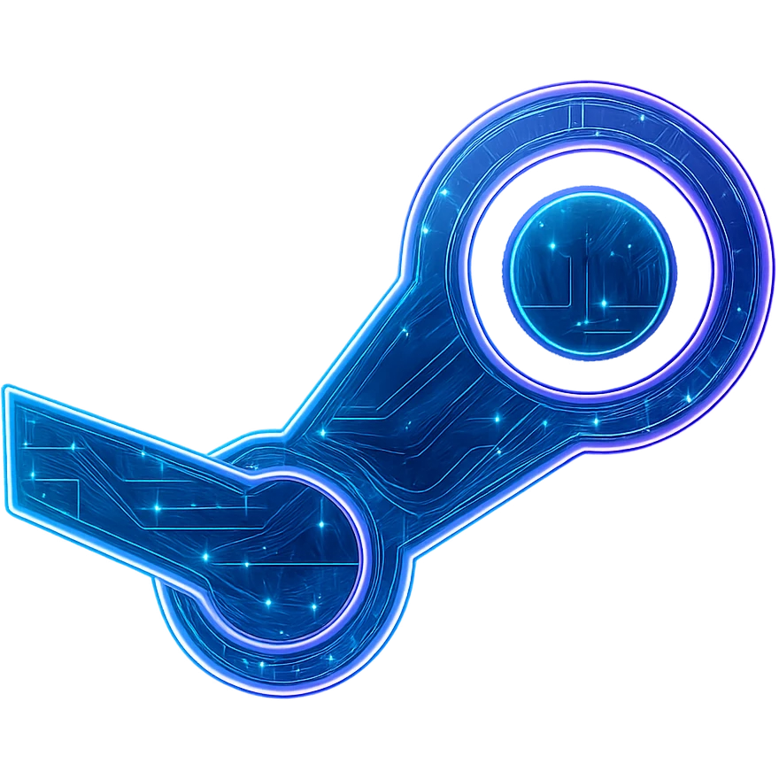 Transform the Steam icon into a cyberpunk, holographic style with glowing neon blue and pink edges and circuit patterns throughout. Maintain the exact shape and proportions of the original Steam logo, overlaying neon and circuit effects in the same futuristic, clean style as the previous cyberpunk folder and file explorer icons. The icon should have no circle or base, just the icon itself, with a transparent background. Style should reflect a cyberpunk holographic aesthetic with glowing neon blue and pink edges and intricate circuit patterns. emoji