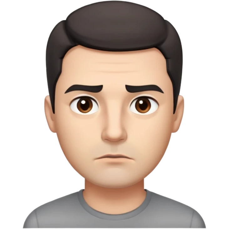 Professional man with square face, defined jawline, full cheeks, overtly skeptical expression, medium brown eyes with paranoid look, prominent eyebrows raised, wide nose, lips pressed together suspiciously, short dark hair, wearing a gray shirt emoji