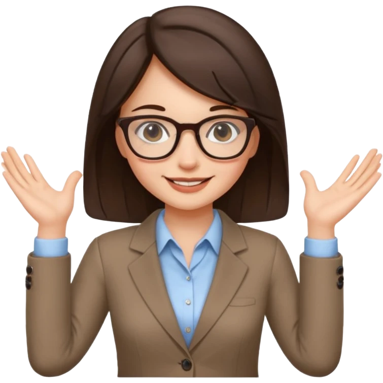 a cute brunette girl in a business casual attire  wearing glasses  with two hands  emoji