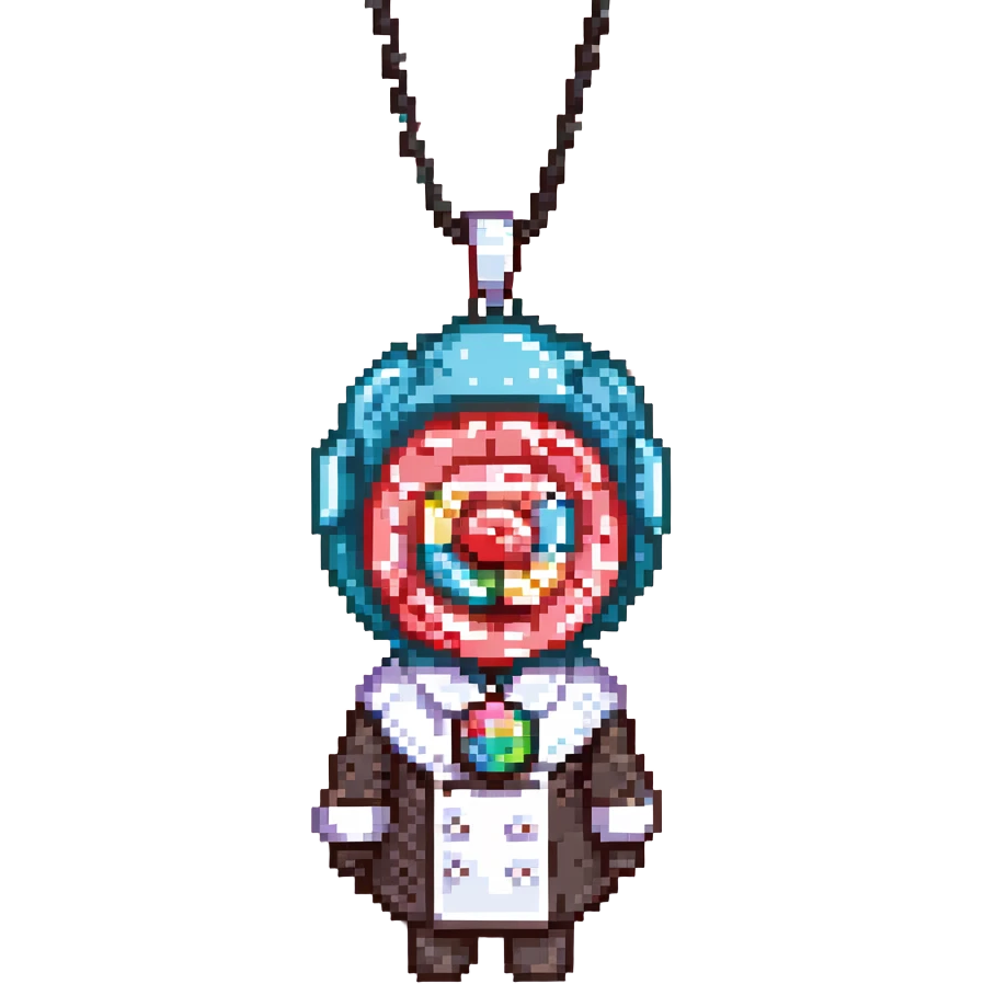 A whimsical candy-themed baker standing in a pastel pink confectionery lab. The walls are made of bubblegum bricks, the countertops shimmer like strawberry frosting, and the air sparkles with powdered sugar mist. The baker is extravagantly adorned: licorice swirls as shoul emoji