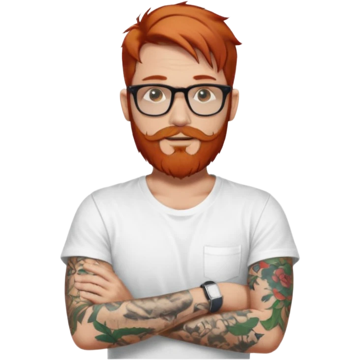 Svelte looking redhead man with sleeve tattoos and a beard and rayban glasses, 38 years old but younger looking emoji