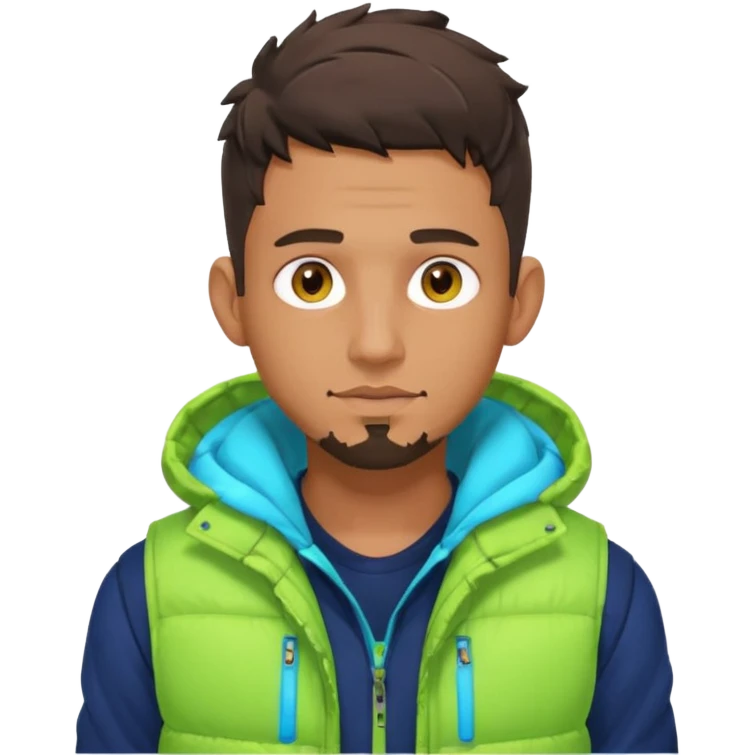 Cyberpunk street adult, hispanic, male, messy undercut, puffer vest over hoodie, glowing earpiece, light stubble, brown eyes, neon reflections, headshot emoji