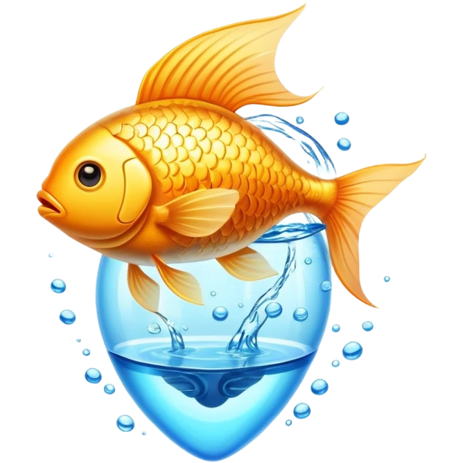 Golden fish in blue water transforming into an omega-3 capsule, with ethereal energy connecting to a heart and brain, showing the origin of omega-3 from fish emoji