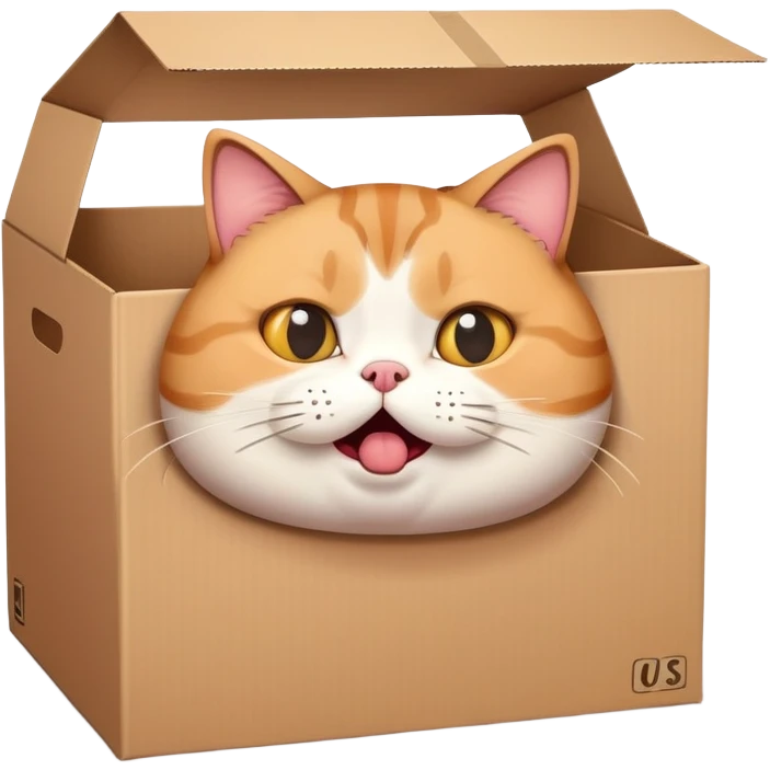 Adorable fat cat stuck in a small box with surprised expression emoji