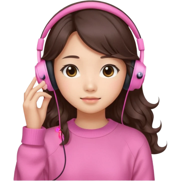 a asian japanese girl with wavy long silky brown hair and no bangs. she has a cute pink gaming headphones. she is wearing a cute pink sweater  emoji