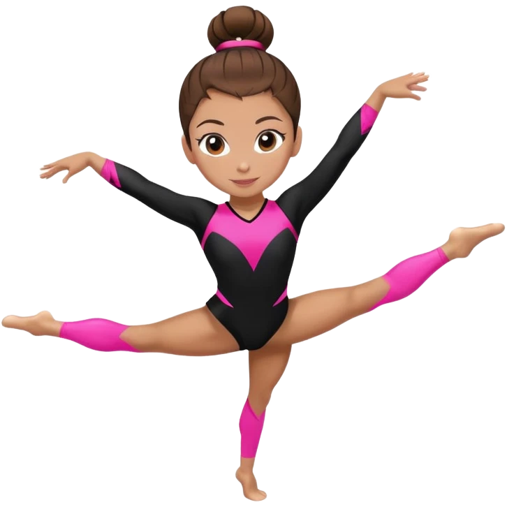 A female gymnast with brown hair in a neat bun, wearing a black uniform with neon pink elements. emoji