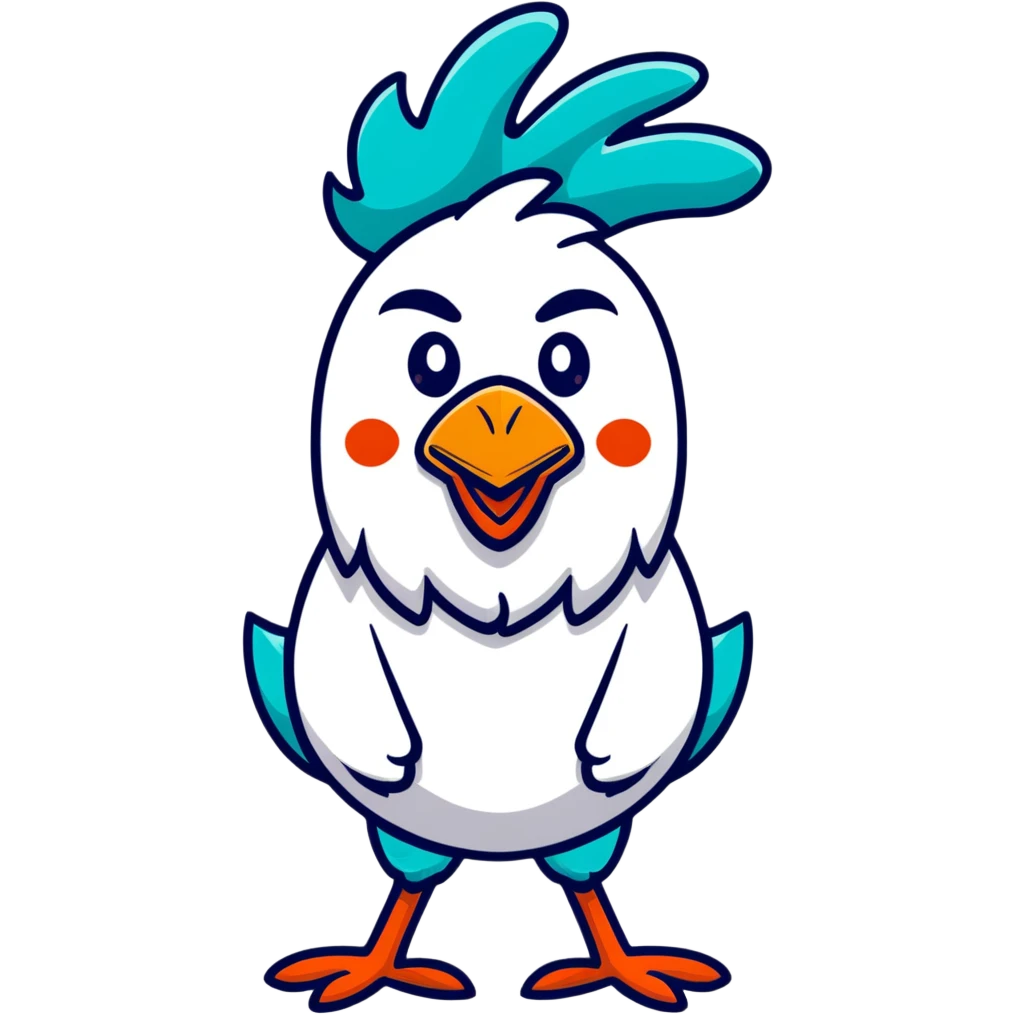 A goofy tropical rooster with teal blue feathers, big bulging eyes, tall red comb, skinny legs, comical expression emoji