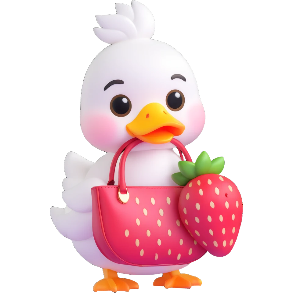 chibi white duck with a strawberry-shaped shoulder bag, pastel 3D style, big shiny eyes, soft lighting, kawaii aesthetic emoji