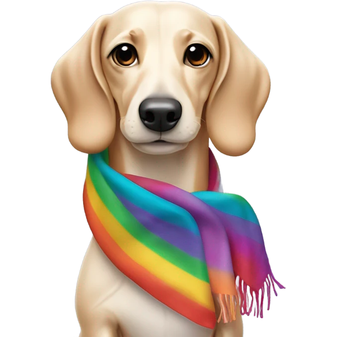Cream colored Sausage dog wearing rainbow scarf emoji