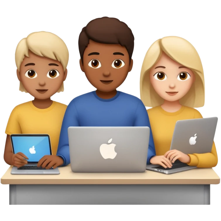 three young people programming together with laptops, teamwork, apple emoji style emoji