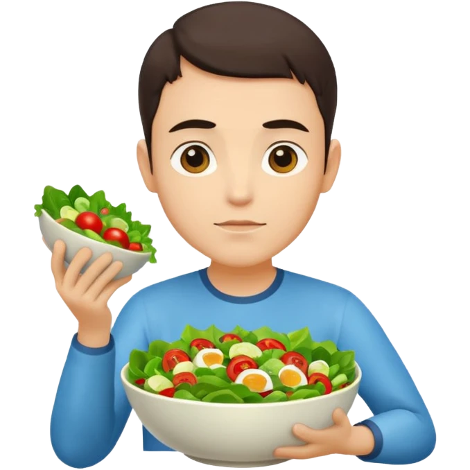 Same avatar, thinking expression, holding a bowl of salad. emoji