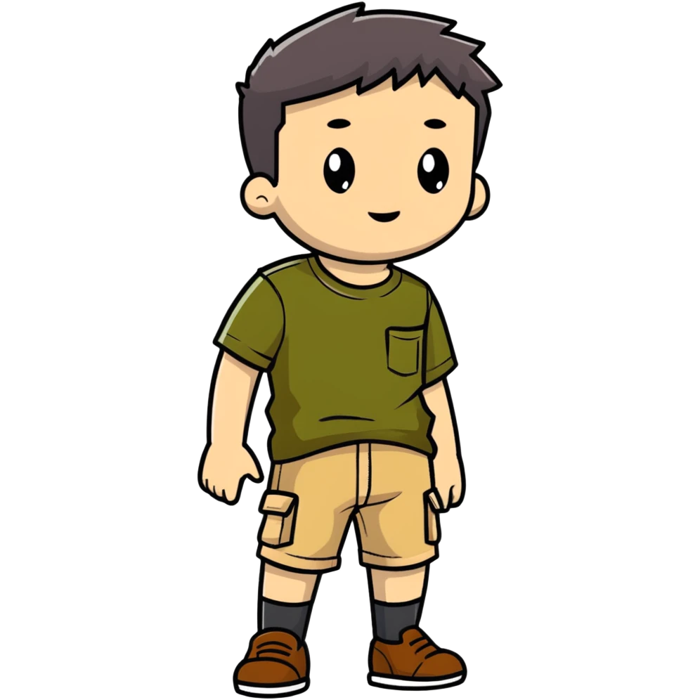 boy wearing an olive-green shirt over a brown T-shirt with beige cargo shorts emoji