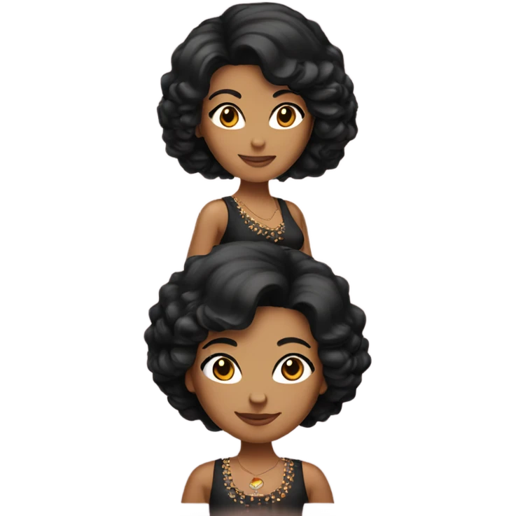 Tanned woman with black hair wearing 1970s style outfit and hair emoji