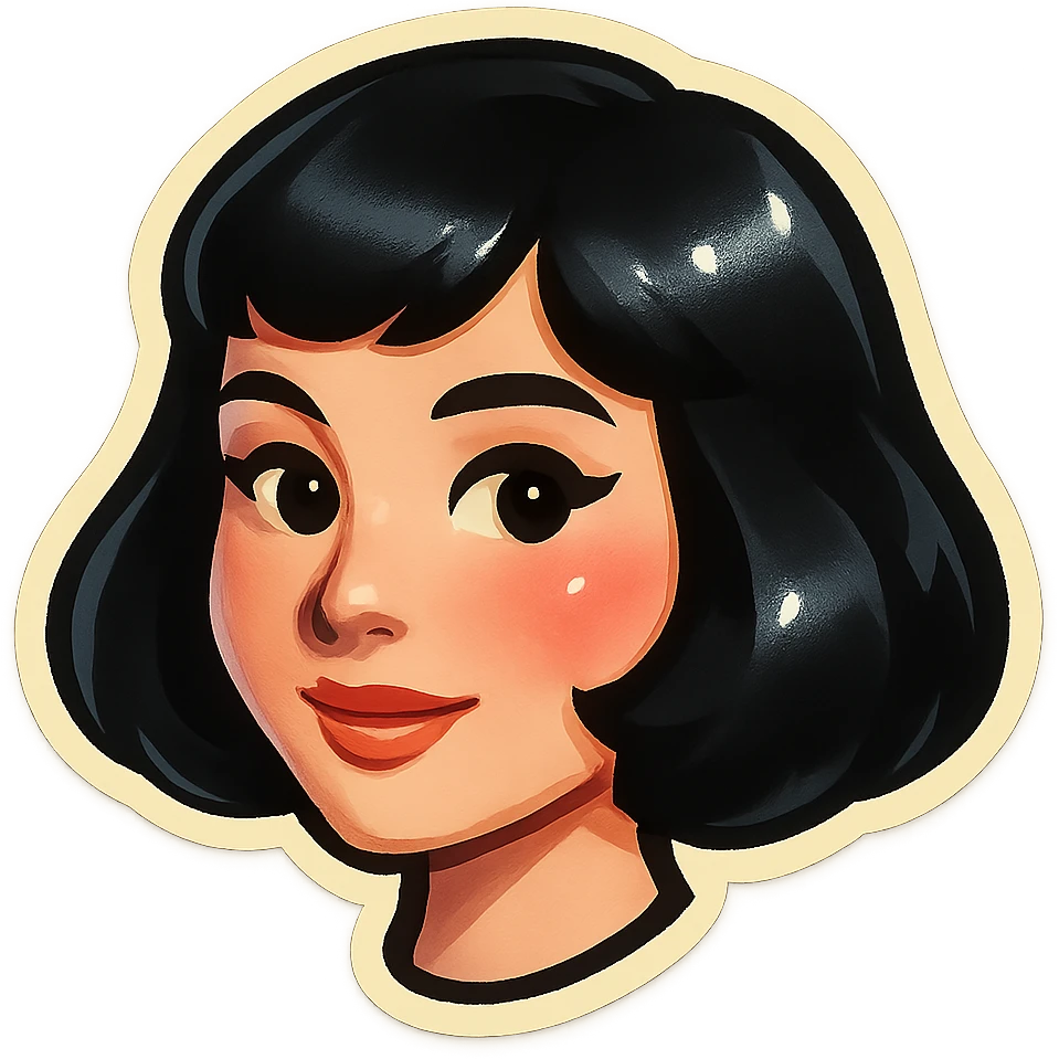 cute and attractive girl with pale skin, black bob haircut, light makeup, expressive lips, light blush, Telegram sticker style, head only without neck, white background emoji