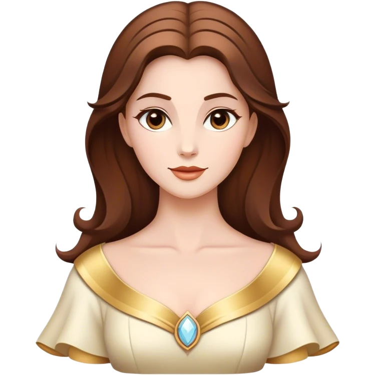 Cinematic Majestic Belle Portrait Emoji, rendered in a clean, vector-style with bold, simplified shapes. Show Belle with a serene, noble expression, fair skin and gracefully styled brown hair, her classic attire refined and understated. The design radiates a majestic, enchanting glow with high shine and a soft glowing outline, embodying royal elegance. emoji