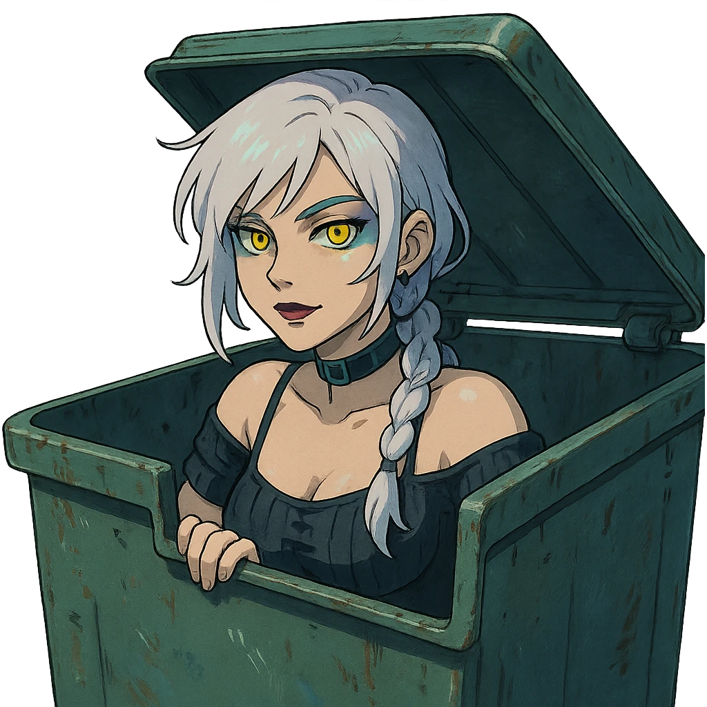 she is poking out from a garbage dumpster, a closeup portrait of young woman with gold yellow eyes, white hair, long braid, black off-shoulder top d-cup, punk gothic style, futuristic cyberwave cyberpunk, emoji