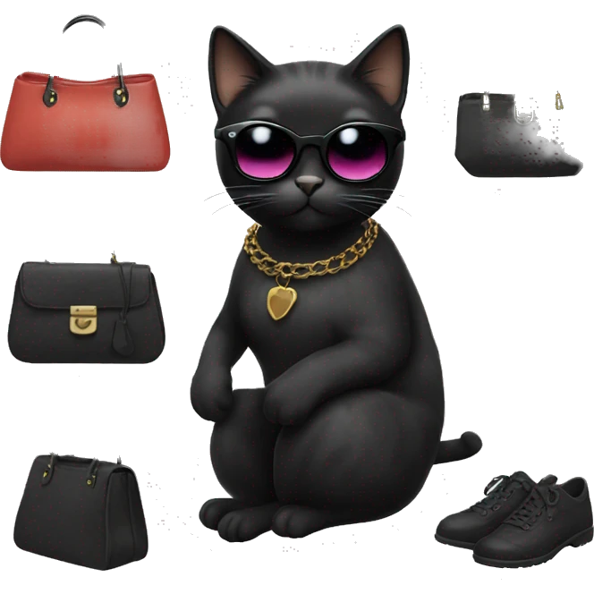 Black female cat with sunglasses and aesthetic bag emoji