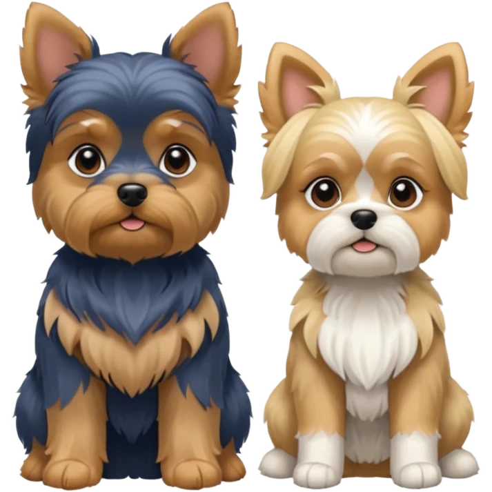 Generate a blue and tan purebred yorkie with a blonde shi tzu yorkie mix with floppy ears sitting next to each other. Make them the same soze emoji