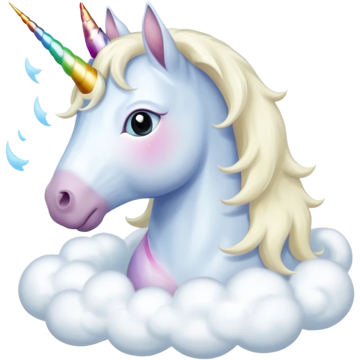 A unicorn flying through clouds, sad, cry tear from eyes, portrait, bust up emoji