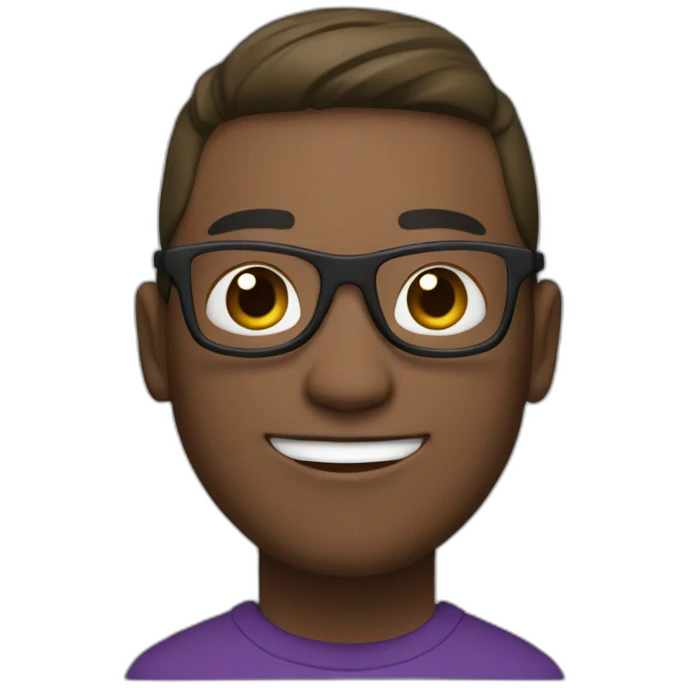 a smiling guy with purple glasses, a purple hoodie, black pants, brown and white shoes, a green cap surrounding his head (except his face) and   emoji