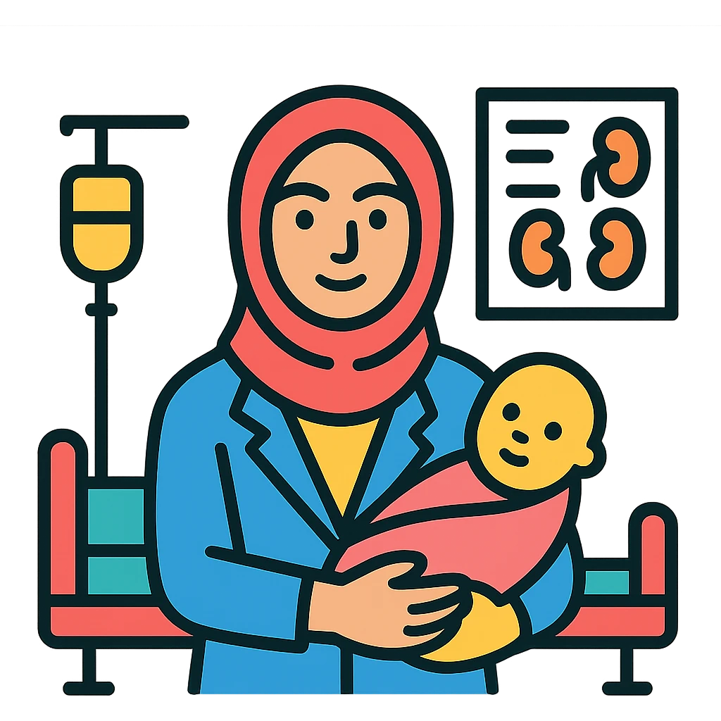 Add a baby in her arms, keep her confident pose and hospital background. emoji