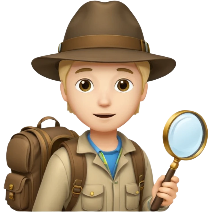 Explorer young man with hat and magnifying glass and backpack, portrait emoji