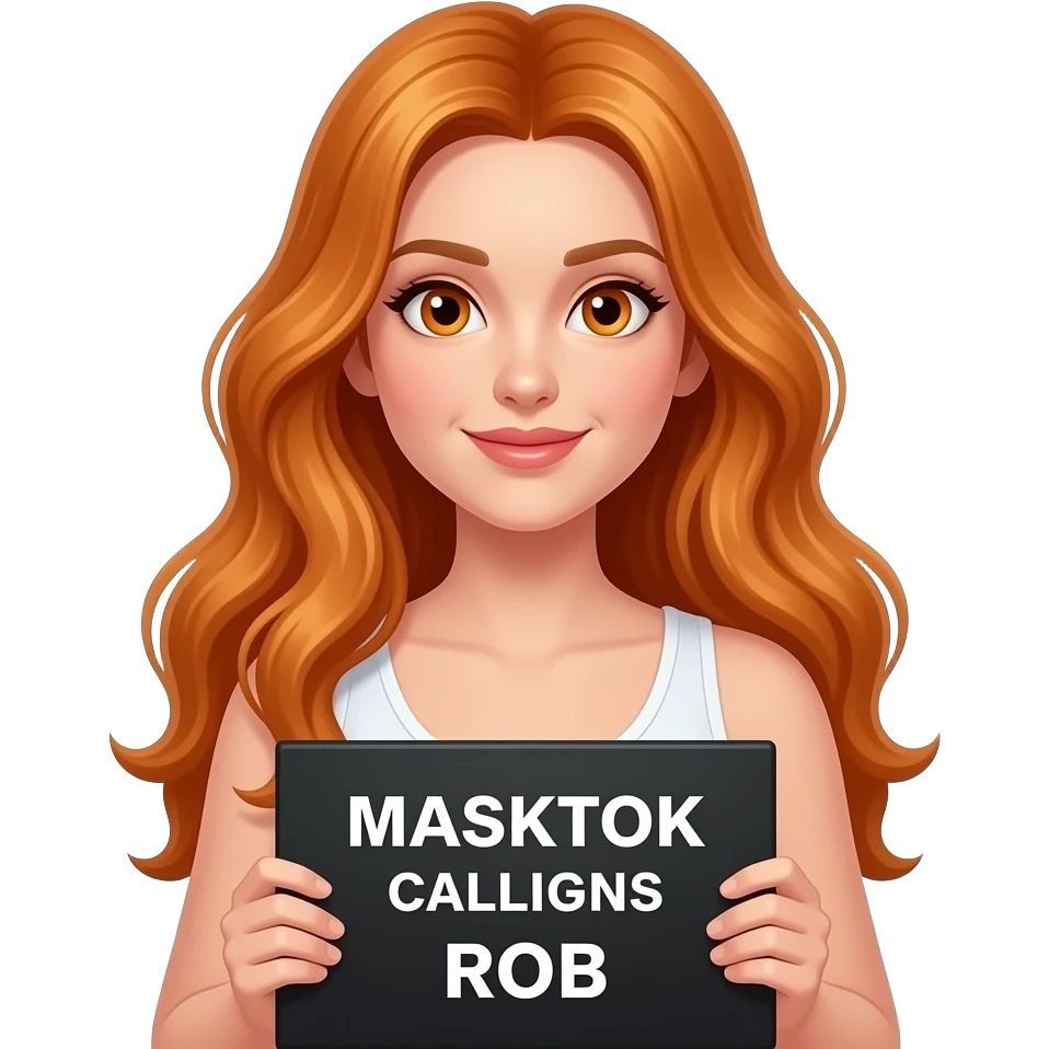 sexy girl with long wavy ginger hair and ginger eyes wearing a white tanktop is holding a black colored sign with MASKTOK CALLSIGN ROB written on it emoji