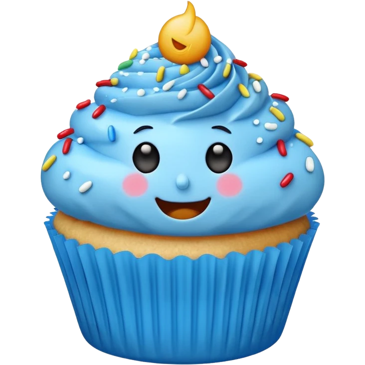 Blue cupcake with a happy face with sprinkles  emoji